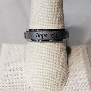 Etched Double Layer Stainless Steel Band "Love Peace Faith Hope" Size 9